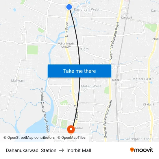 Dahanukarwadi Station to Inorbit Mall map