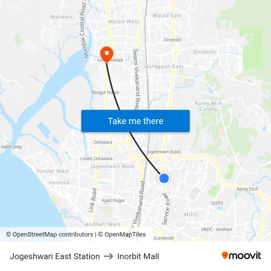 Jogeshwari East Station to Inorbit Mall map