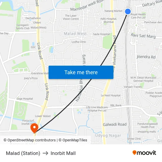 Malad (Station) to Inorbit Mall map