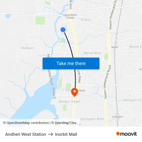 Andheri West Station to Inorbit Mall map