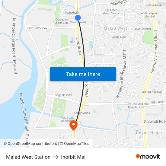 Malad West Station to Inorbit Mall map