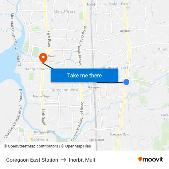 Goregaon East Station to Inorbit Mall map