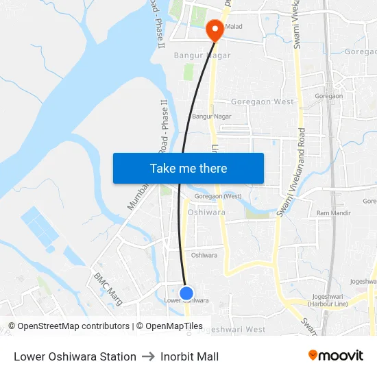 Lower Oshiwara Station to Inorbit Mall map