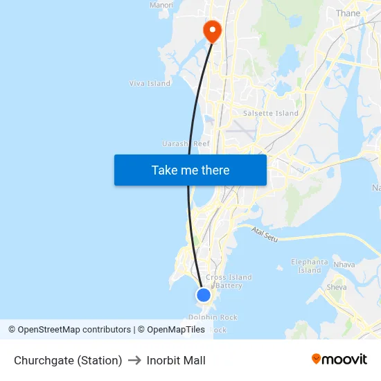 Churchgate (Station) to Inorbit Mall map