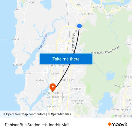 Dahisar Bus Station to Inorbit Mall map