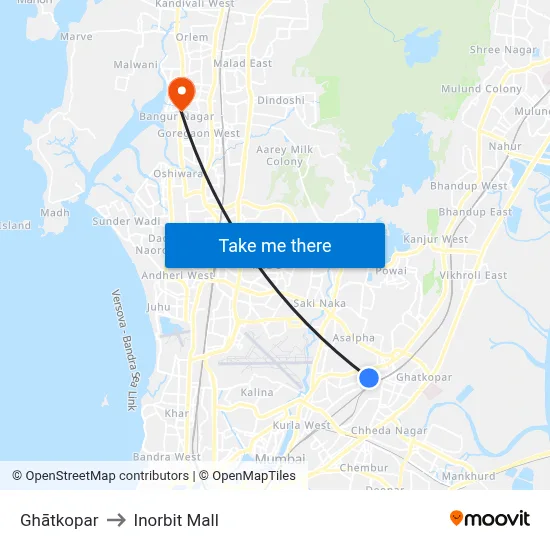 Ghātkopar to Inorbit Mall map