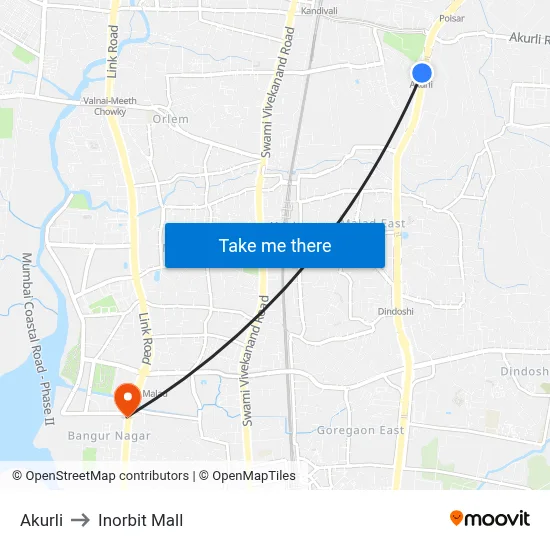 Akurli to Inorbit Mall map