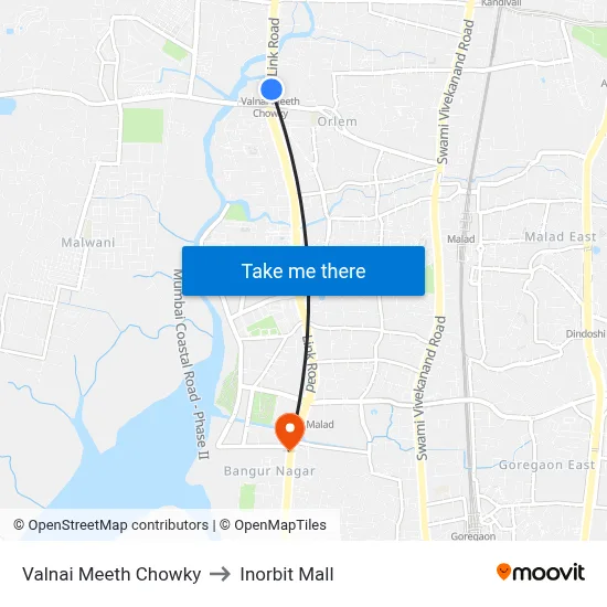 Valnai Meeth Chowky to Inorbit Mall map