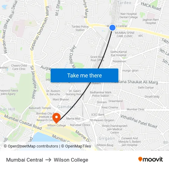 Mumbai Central to Wilson College map