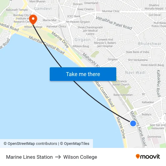 Marine Lines Station to Wilson College map