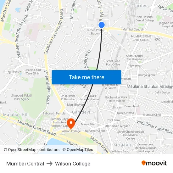 Mumbai Central to Wilson College map