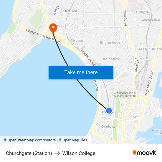 Churchgate (Station) to Wilson College map