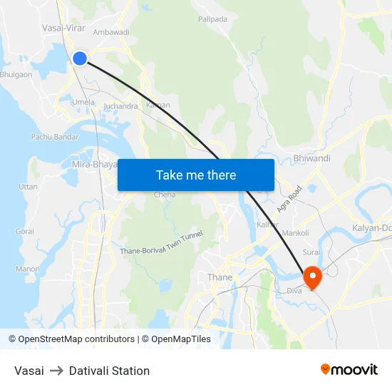 Vasai to Dativali Station map