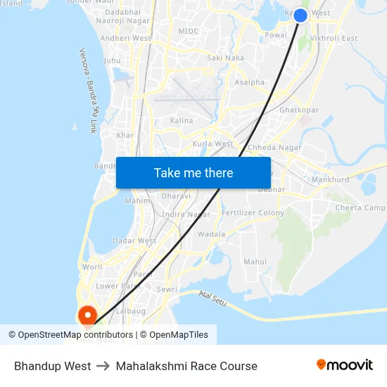 Bhandup West to Mahalakshmi Race Course map