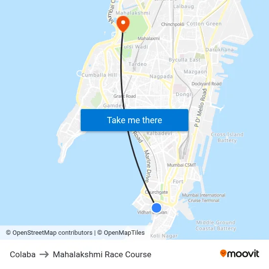 Colaba to Mahalakshmi Race Course map