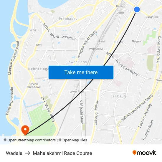 Wadala to Mahalakshmi Race Course map
