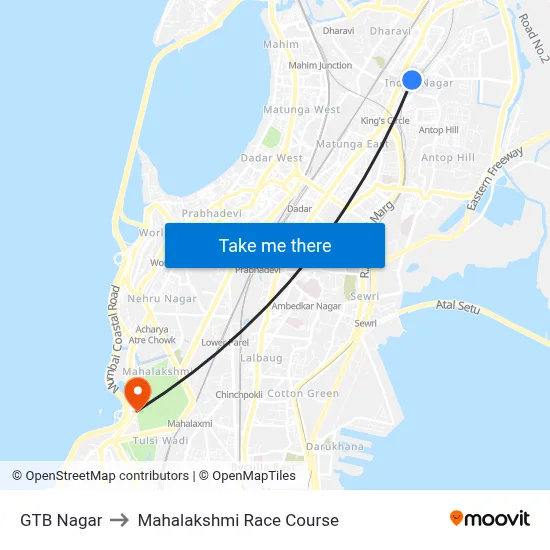 GTB Nagar to Mahalakshmi Race Course map