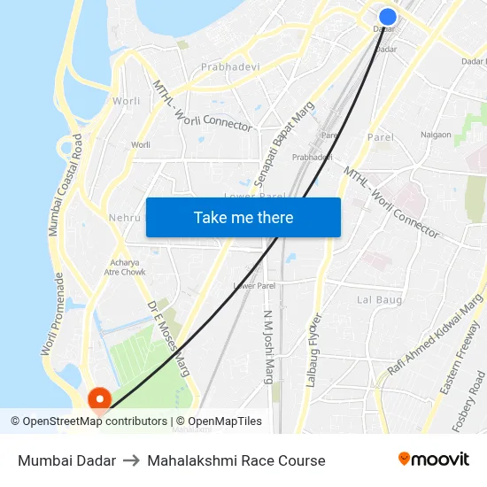 Mumbai Dadar to Mahalakshmi Race Course map