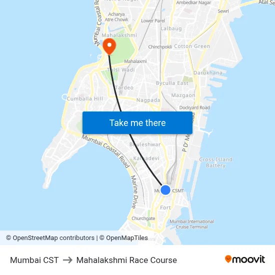 Mumbai CST to Mahalakshmi Race Course map