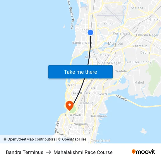 Bandra Terminus to Mahalakshmi Race Course map