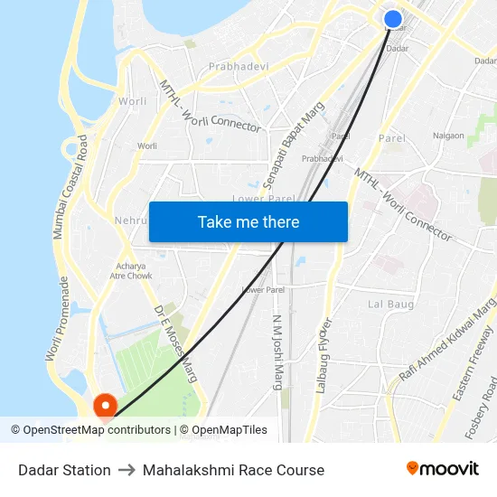 Dadar Station to Mahalakshmi Race Course map