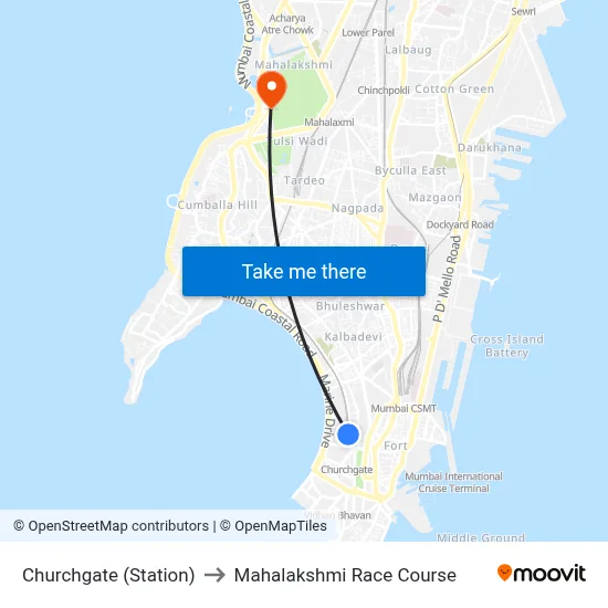 Churchgate (Station) to Mahalakshmi Race Course map