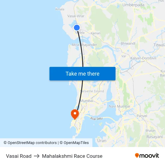 Vasai Road to Mahalakshmi Race Course map