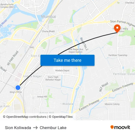 Sion Koliwada to Chembur Lake map