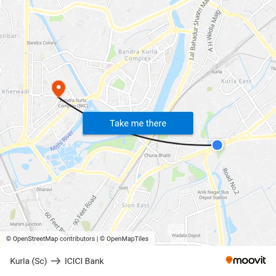 Kurla (Sc) to ICICI Bank map