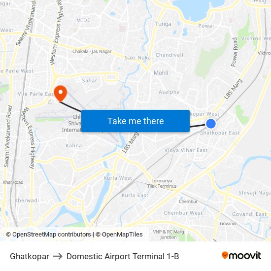 Ghatkopar to Domestic Airport Terminal 1-B map