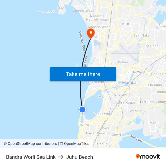 Bandra Worli Sea Link to Juhu Beach map
