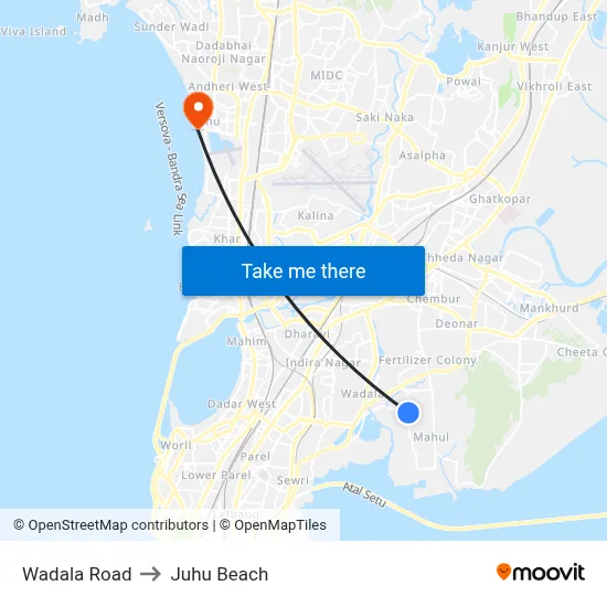 Wadala Road to Juhu Beach map
