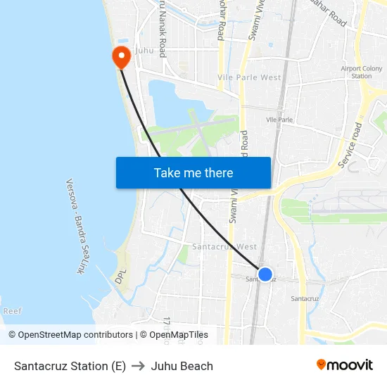 Santacruz Station (E) to Juhu Beach map