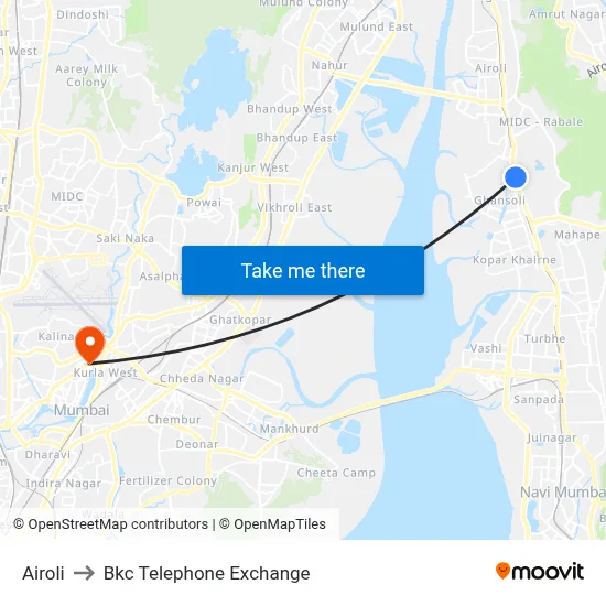 Airoli to Bkc Telephone Exchange map