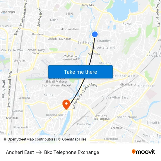 Andheri East to Bkc Telephone Exchange map