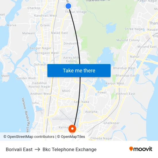 Borivali East to Bkc Telephone Exchange map