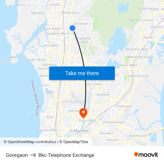 Goregaon to Bkc Telephone Exchange map