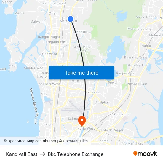 Kandivali East to Bkc Telephone Exchange map