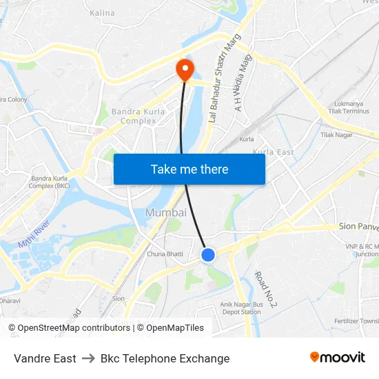 Vandre East to Bkc Telephone Exchange map