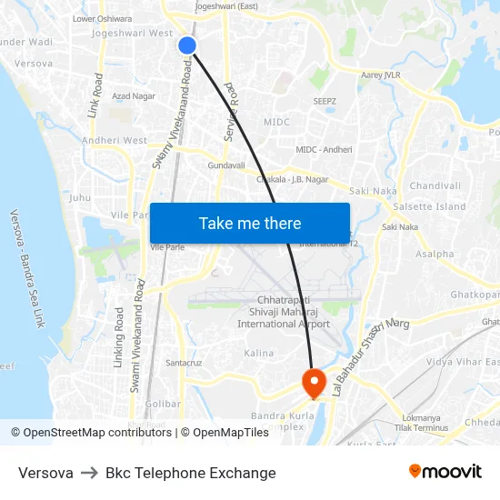 Versova to Bkc Telephone Exchange map