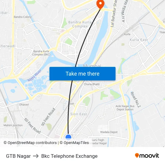 GTB Nagar to Bkc Telephone Exchange map