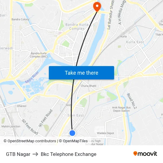 GTB Nagar to Bkc Telephone Exchange map
