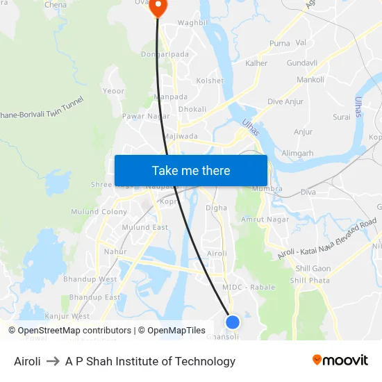 Airoli to A P Shah Institute of Technology map