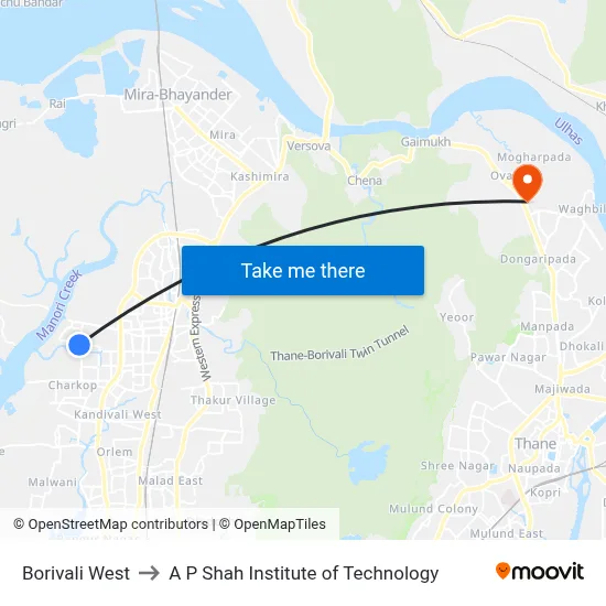 Borivali West to A P Shah Institute of Technology map