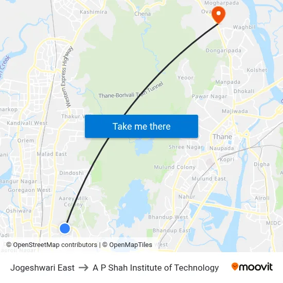 Jogeshwari East to A P Shah Institute of Technology map