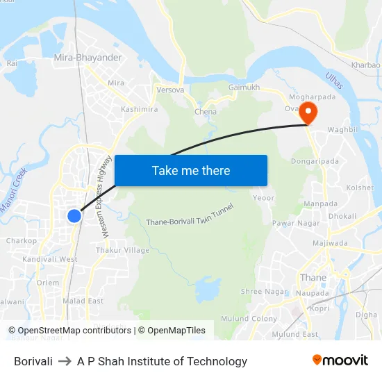 Borivali to A P Shah Institute of Technology map
