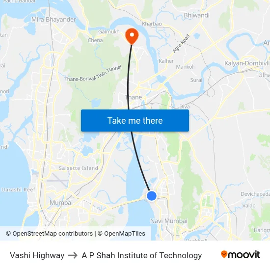 Vashi Highway to A P Shah Institute of Technology map