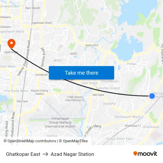 Ghatkopar East to Azad Nagar Station map