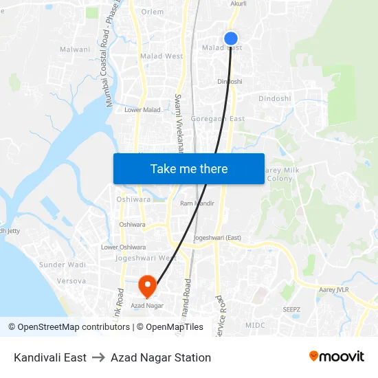 कांदिवली पूर्व to आजाद नगर स्टेशन map