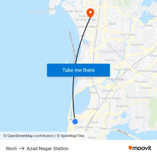Worli to Azad Nagar Station map